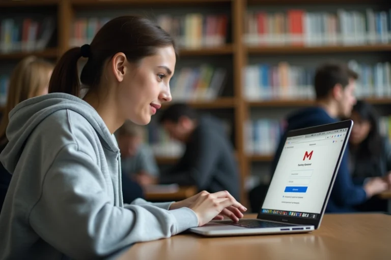 Étudiante accédant à la messagerie académique Zimbra sur un ordinateur portable dans une bibliothèque universitaire