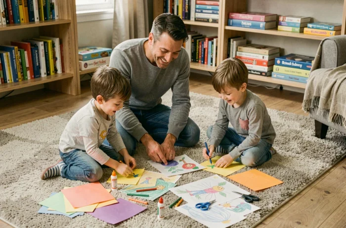 Père et enfants faisant une activité créative ensemble dans le salon familial
