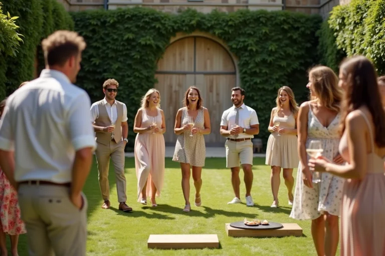 Invités de mariage jouant à la pétanque dans une cour en pierre pendant la séance photo des mariés