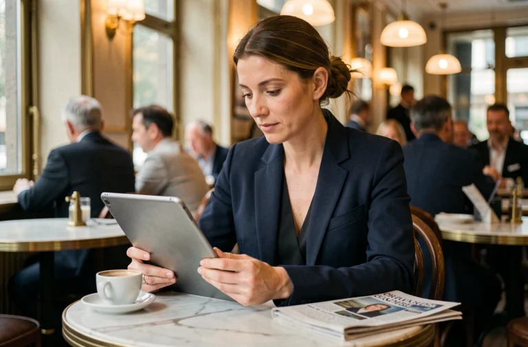 Femme française lisant les actualités sur une tablette dans un café parisien