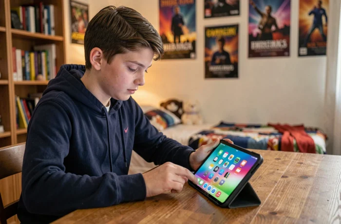 Adolescent utilisant une tablette pour gérer les restrictions de temps d'écran Family Link dans sa chambre