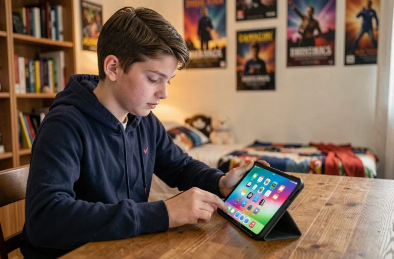 Adolescent utilisant une tablette pour gérer les restrictions de temps d'écran Family Link dans sa chambre