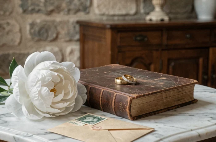 Alliances de mariage posées sur un livre ancien avec des pivoines blanches, symbolisant les secrets d'une union intime