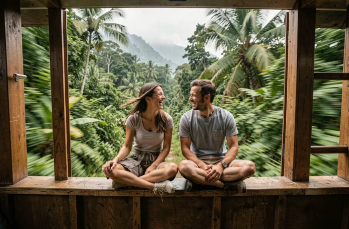 Deux amis riant à l'arrière d'un train traversant une jungle tropicale lors d'un voyage extraordinaire en Asie