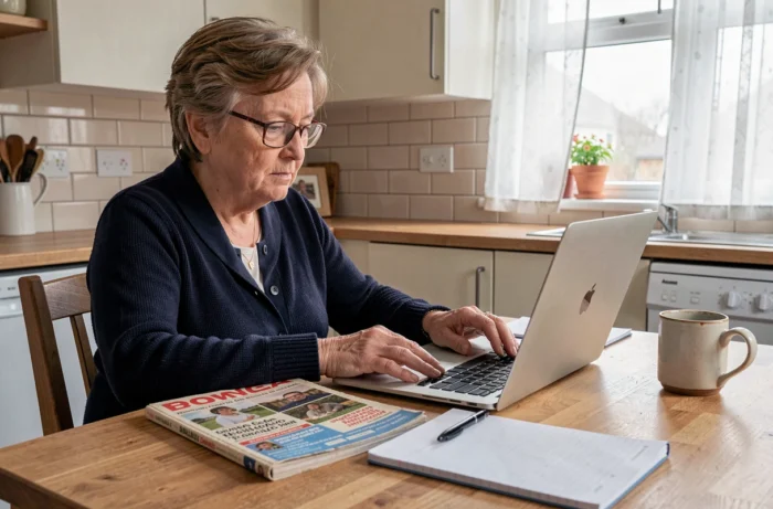 Femme d'âge mûr consultant un annuaire imprimé et un ordinateur pour trouver une adresse par nom