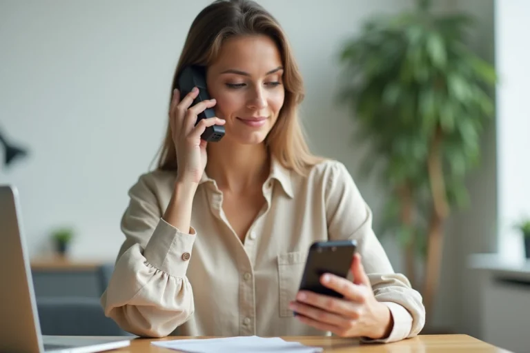 Femme composant un numéro de téléphone international sur smartphone depuis un bureau à domicile