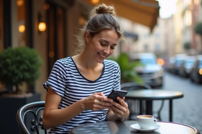 Jeune femme consultant un numéro de téléphone avec l'indicatif +39 pour appeler l'Italie depuis une terrasse de café
