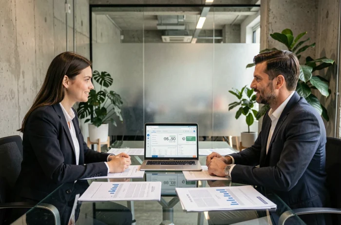 Deux associés analysant des rapports financiers en euros sur un ordinateur dans un espace de coworking