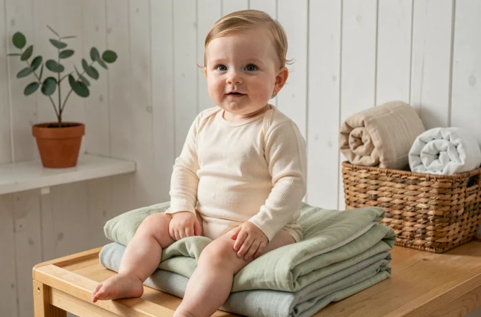 Bébé en pyjama en coton bio posé sur des couvertures douces dans une chambre minimaliste aux tons naturels