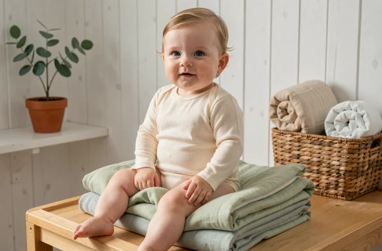 Bébé en pyjama en coton bio posé sur des couvertures douces dans une chambre minimaliste aux tons naturels