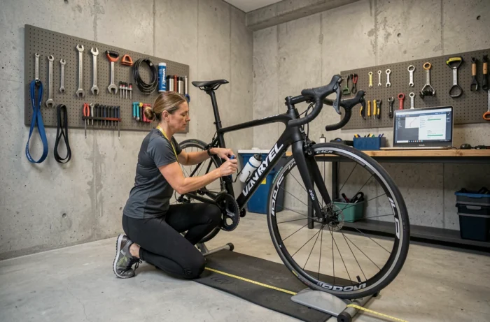 Coach cycliste mesurant la position de montage du Van Rysel RCR Pro dans un atelier de bike fitting moderne