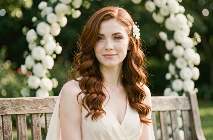 Femme aux boucles détachées avec raie sur le côté et accessoire floral pour un mariage