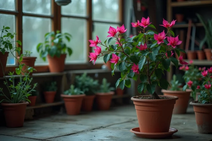 Bougainvillier en pot hiverné à l'intérieur d'un garage non chauffé pour le protéger du froid