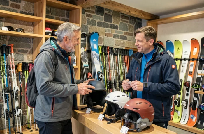 Deux hommes comparant des casques de ski dans une boutique d'équipement de sports d'hiver en Suisse