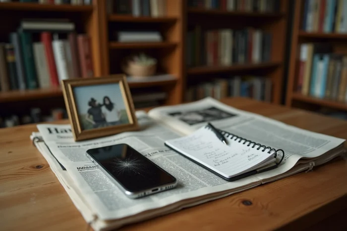 Bureau d'un responsable politique avec journal, photo de famille retournée et notes manuscrites symbolisant la frontière entre vie publique et privée