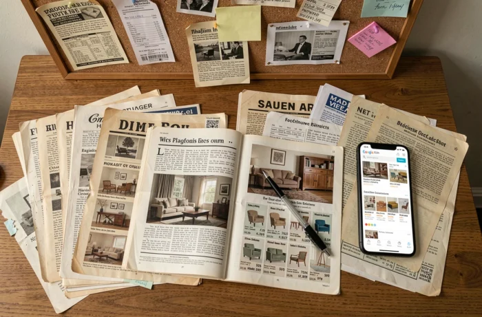 Bureau avec catalogues papier empilés et smartphone affichant un site e-commerce, symbolisant la transition du print au numérique