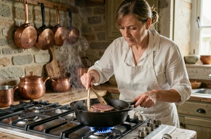 Cheffe cuisinière française faisant revenir un rond de veine dans une cocotte en fonte sur feu vif