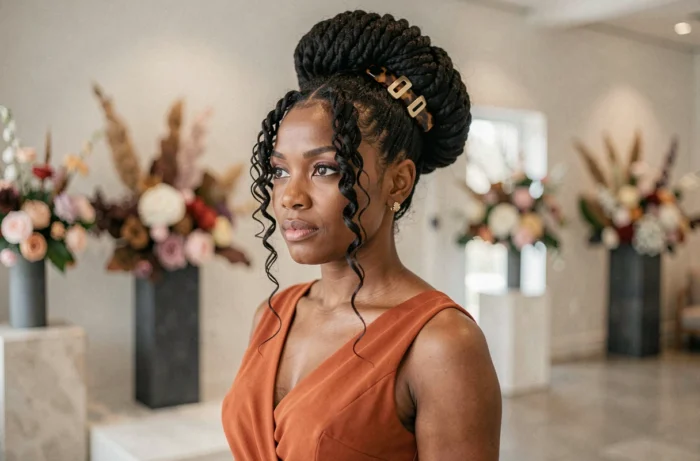 Femme aux boucles épaisses coiffée d'un chignon banane revisité avec des épingles décoratives pour un mariage