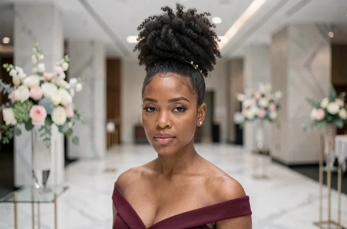 Femme aux cheveux naturels coiffée d'un chignon haut ananas structuré avec épingles dorées pour un mariage