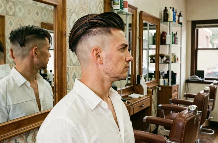 Coiffure homme dégradé mi-long avec raie naturelle dans un salon de coiffure authentique
