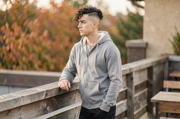 Jeune homme avec dégradé mi-long bouclé tendance automne 2024 sur une terrasse extérieure
