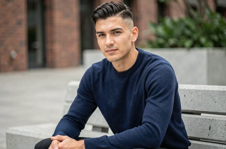 Homme aux cheveux mi-longs dégradés avec texture ondulée, tendance coiffure homme 2024 en milieu urbain