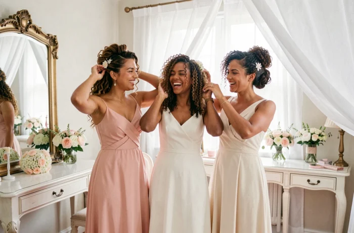 Trois femmes aux cheveux bouclés coiffées élégamment dans une suite nuptiale pour un mariage