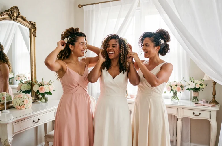 Trois femmes aux cheveux bouclés coiffées élégamment dans une suite nuptiale pour un mariage