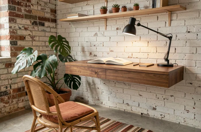 Coin bureau à domicile avec bureau flottant en noyer, mur en brique blanchie et chaise en rotin pour une décoration intérieure moderne et fonctionnelle