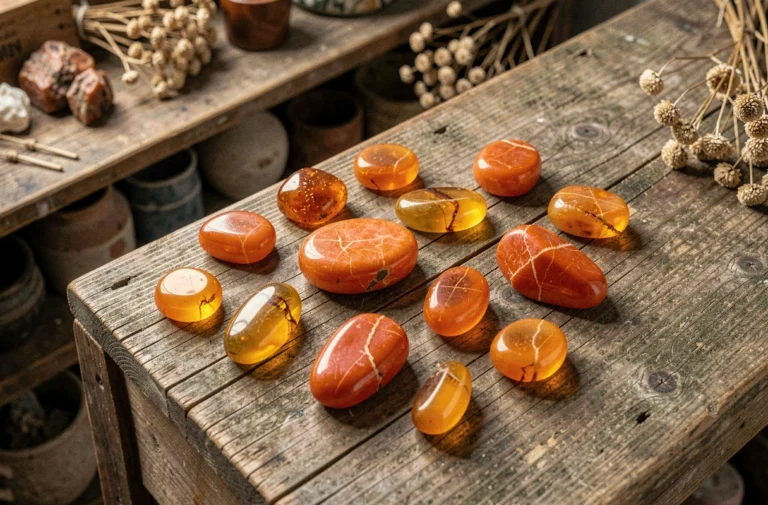 Collection de pierres oranges polies incluant cornaline, ambre et pierre de soleil disposées sur une surface en bois vieilli
