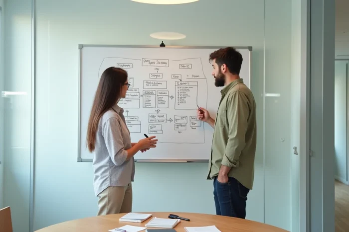 Deux collègues discutant d'une architecture de site web devant un tableau blanc avec un schéma sitemap