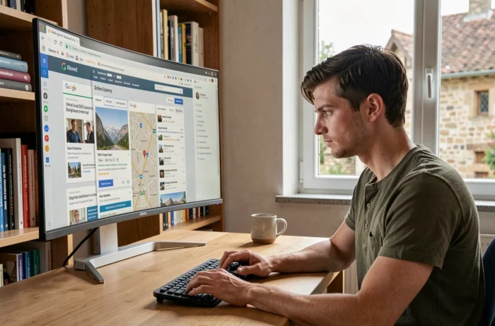 Entrepreneur comparant des agences de référencement web locales en ligne depuis son bureau à domicile dans la Drôme