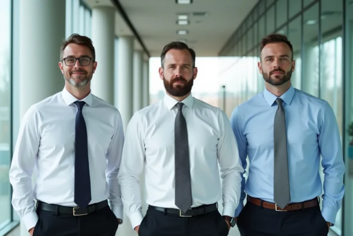 Trois hommes en chemise côte à côte comparant différentes longueurs et largeurs de cravate dans un couloir de bureau moderne