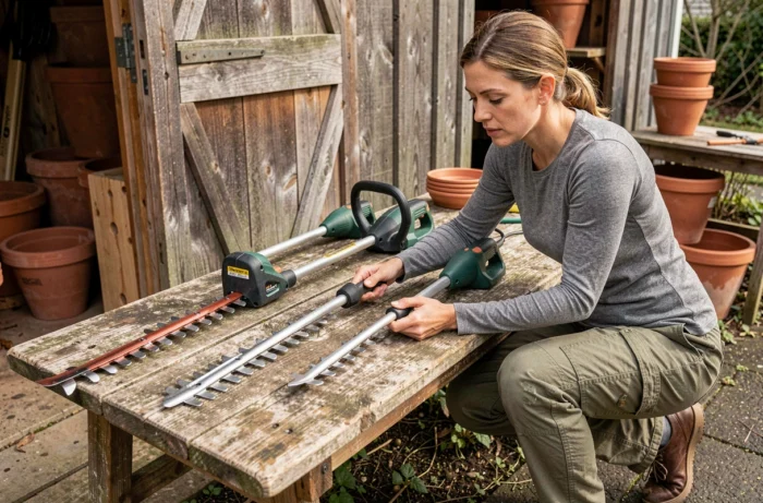 Femme comparant plusieurs modèles de taille-haies électriques posés sur un établi de jardin en bois