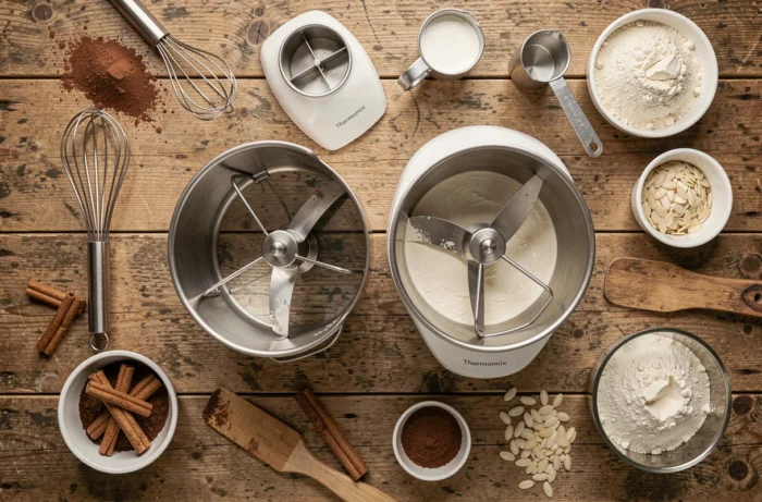 Vue aérienne comparant les accessoires d'un robot pâtissier et d'un Thermomix entourés d'ingrédients de pâtisserie