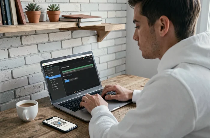 Jeune homme configurant une liste de lecture IPTV sur un ordinateur portable avec un smartphone posé à côté dans un bureau moderne