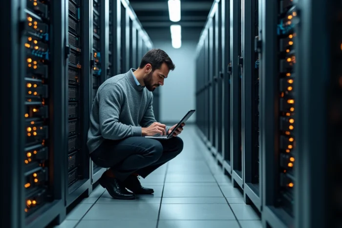 Consultant informatique configurant un serveur sur mesure dans un datacenter professionnel pour optimiser l'infrastructure d'une entreprise