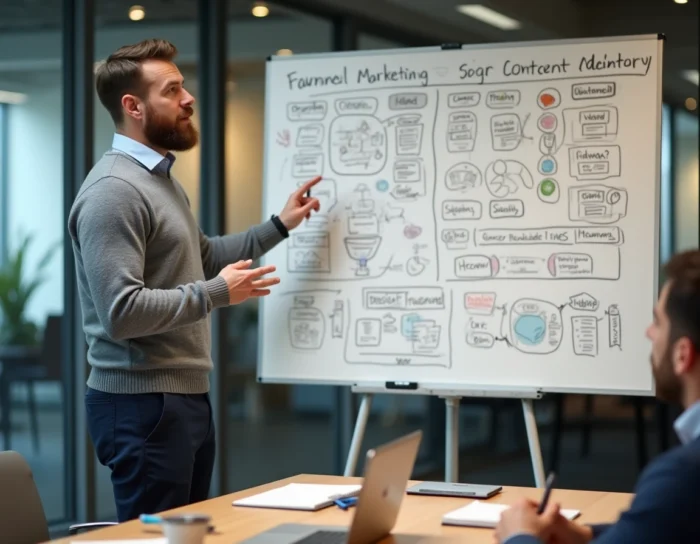 Consultant en marketing digital expliquant une stratégie de présence en ligne sur un tableau blanc dans une salle de réunion