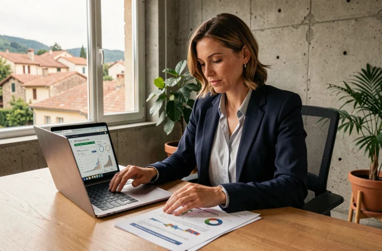 Consultante en référencement web analysant des rapports SEO dans un bureau moderne de la Drôme