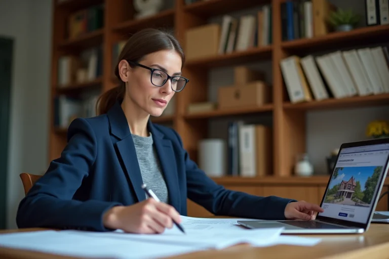 Femme consultant des documents de propriété immobilière belges dans un bureau à domicile