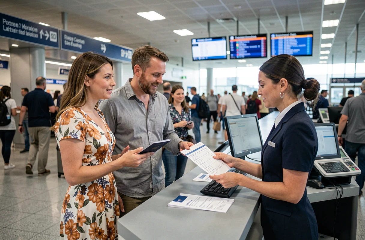 Couple discutant avec une agente de compagnie aérienne à l'aéroport pour résoudre une confusion sur le nom d'épouse figurant sur le passeport
