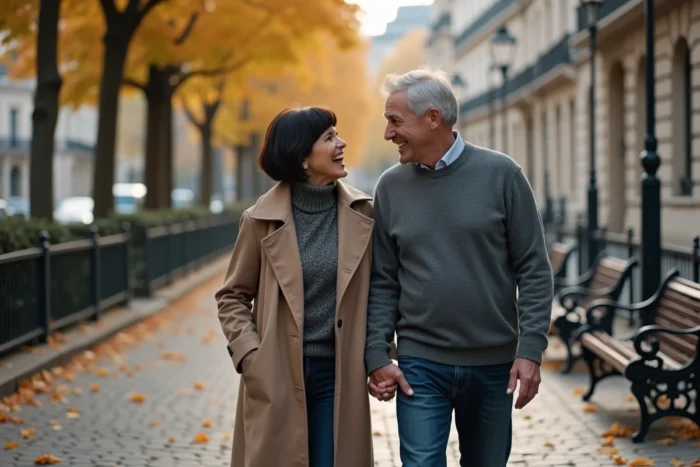Couple élégant marchant côte à côte sur un boulevard parisien en automne, symbolisant la complicité amoureuse et la personnalité d'Isabelle Lasserre