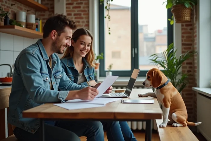 Couple comparant des contrats de mutuelle pour animal sur un ordinateur portable avec leur chiot beagle dans une cuisine moderne