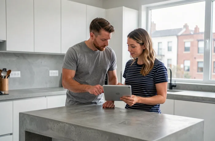 Couple examinant un plan immobilier numérique sur une tablette dans leur cuisine moderne