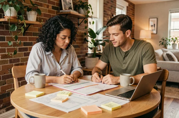 Couple de parents planifiant ensemble le calendrier familial hebdomadaire avec un agenda papier et un ordinateur portable sur une table à manger