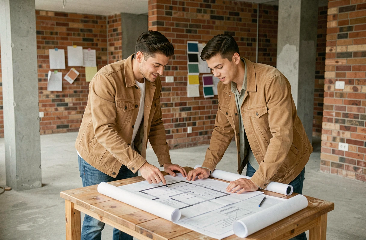 Jeune couple examinant des plans architecturaux dans un appartement en rénovation, marché immobilier 2024