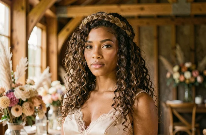 Femme avec une couronne de tresses sur boucles détachées comme coiffure de témoin de mariage