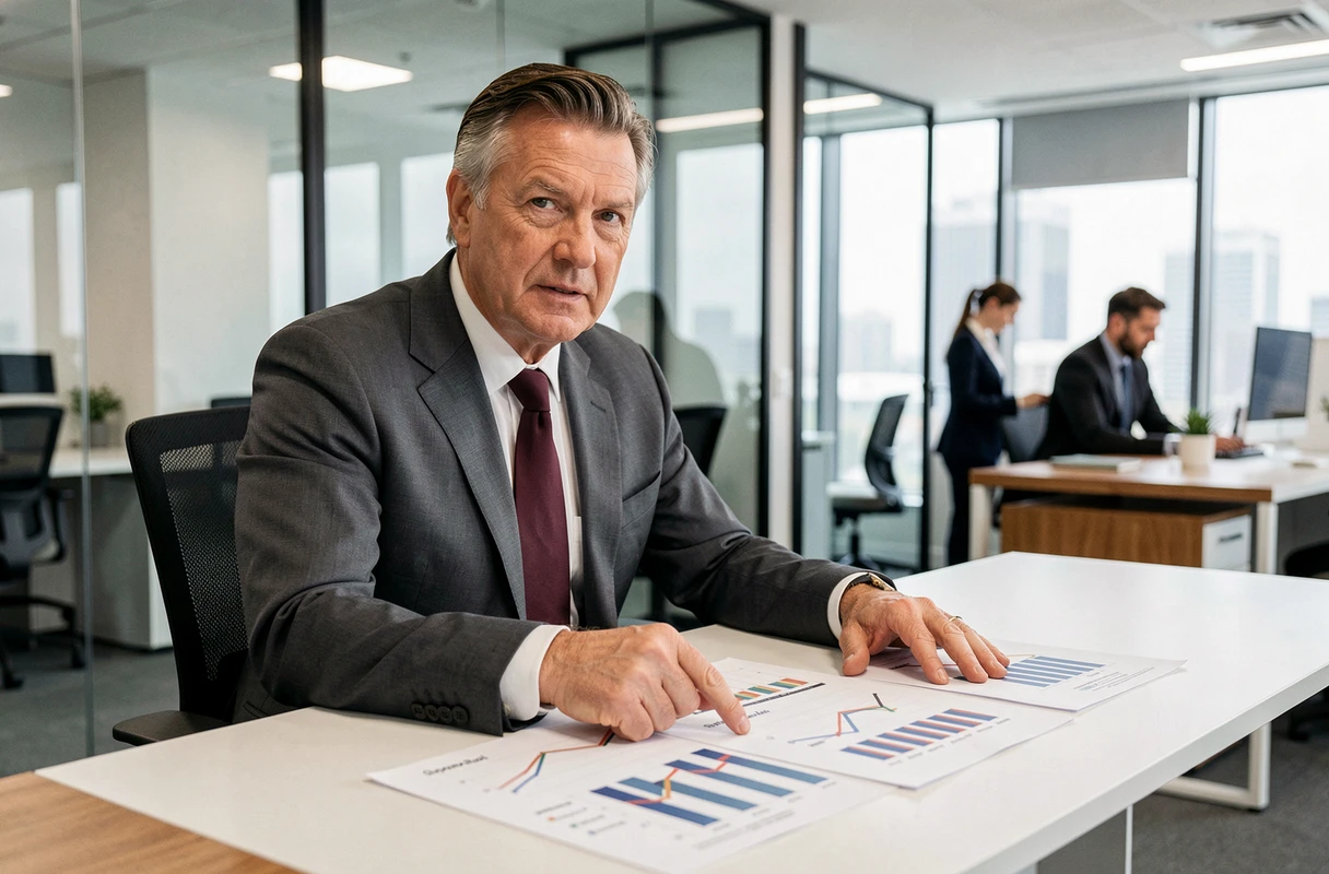 Courtier immobilier senior analysant des graphiques de tendances du marché immobilier dans un bureau moderne