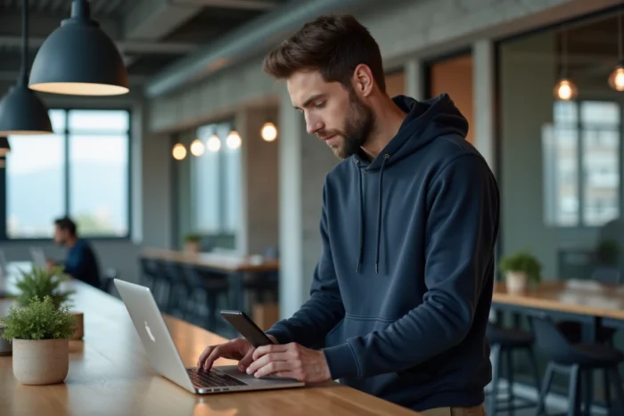 Créateur de contenu masculin analysant ses statistiques de réseaux sociaux dans un espace de co-working contemporain