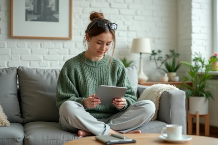 Créatrice de contenu examinant un contrat de partenariat affilié sur une tablette dans un salon minimaliste scandinave